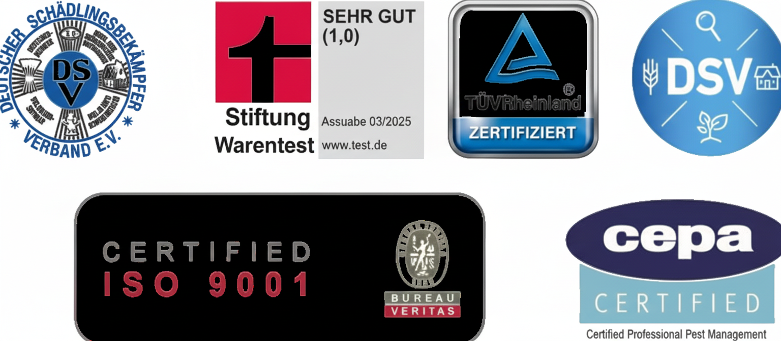 Qualitätssiegel Kammerjäger Essen - DSV Mitglied, TÜV geprüft, IHK zertifizierte Schädlingsbekämpfung, Trusted Shops Garantie